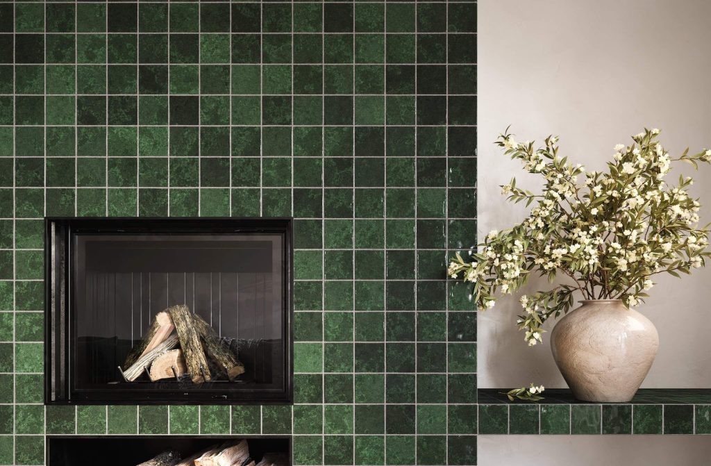 3D Interior Visualization of Fireplace with Green Tiles