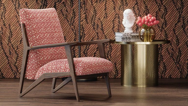 3D Model Configurator – Mid-Century Armchair with Red Patterned Upholstery and Walnut Wood Frame