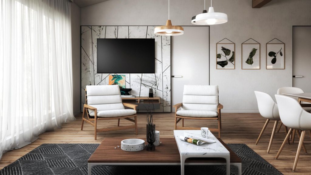 3D modeling process: lifestyle render of white chairs showing final output of 10-step workflow