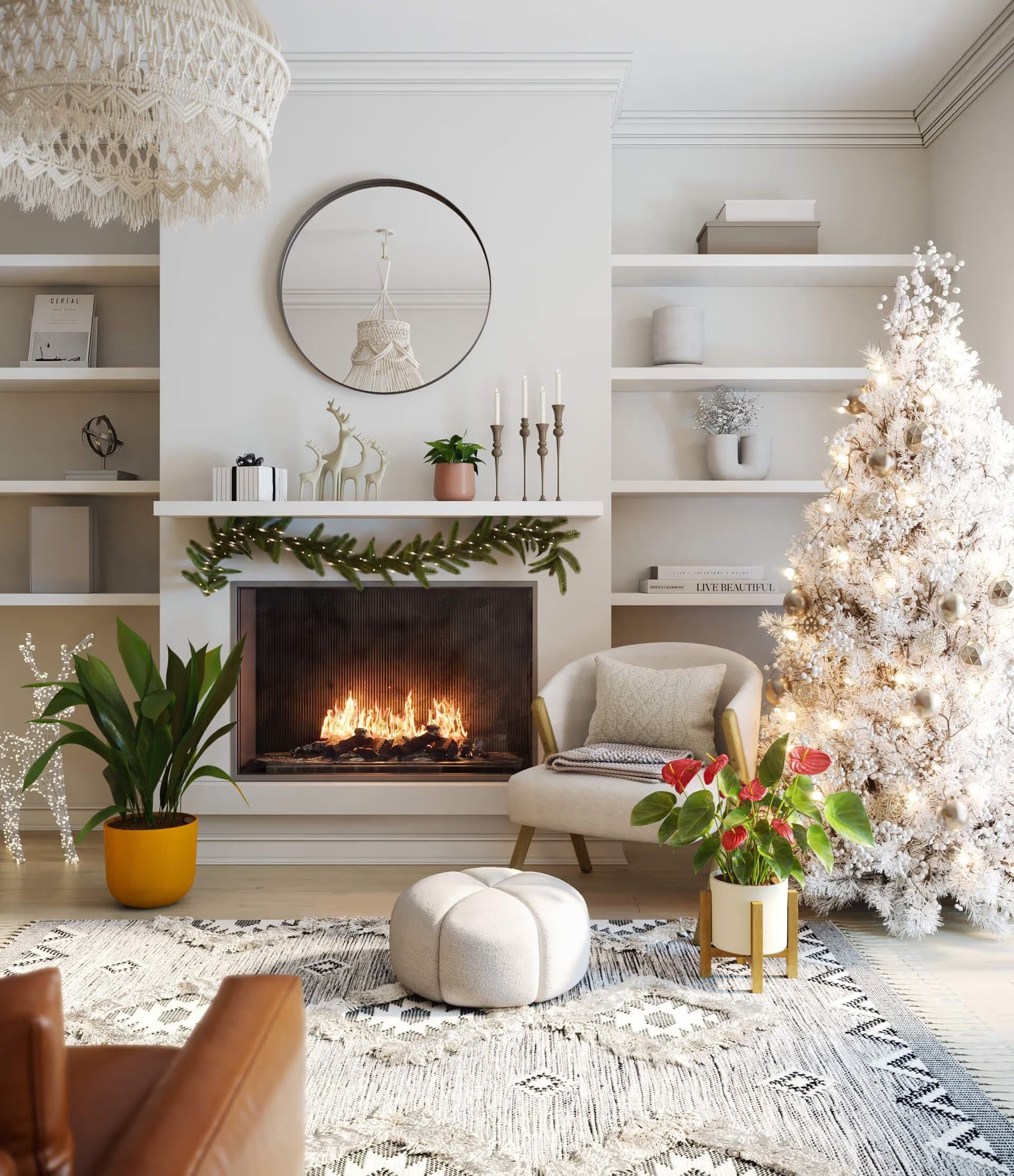 3D modeling for seasonal marketing visuals featuring a bright living room with a fireplace and Christmas tree