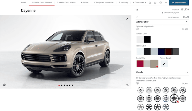 3D product customization of a car exterior — color and wheel configuration