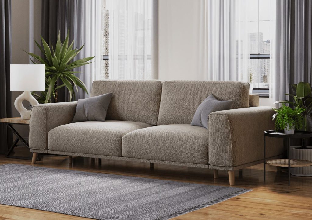 Beige fabric sofa product visualization in a modern living room, available in customization with different fabrics and legs.