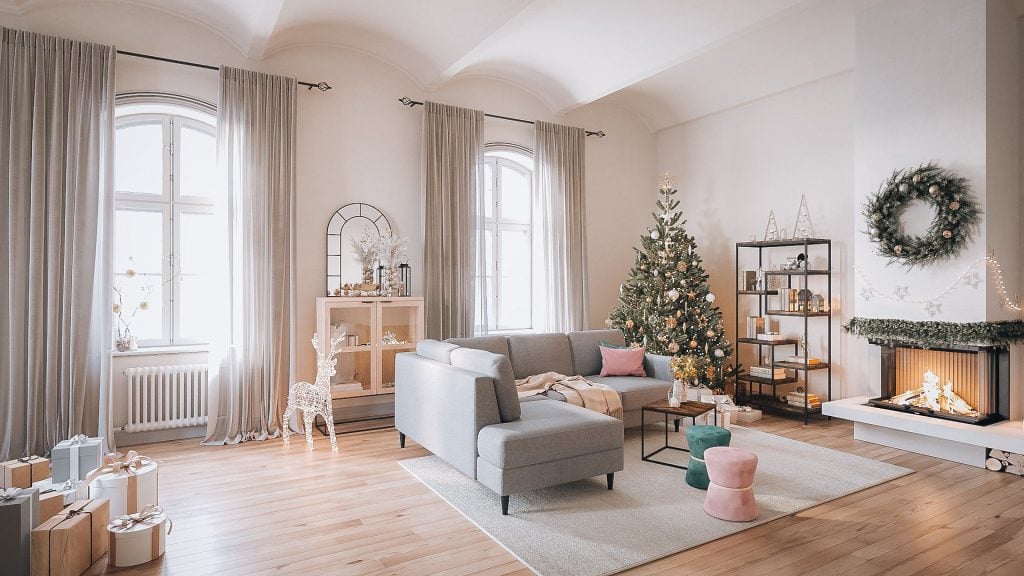 3D Interior Visualization of a Cozy Living Room with Christmas Decor