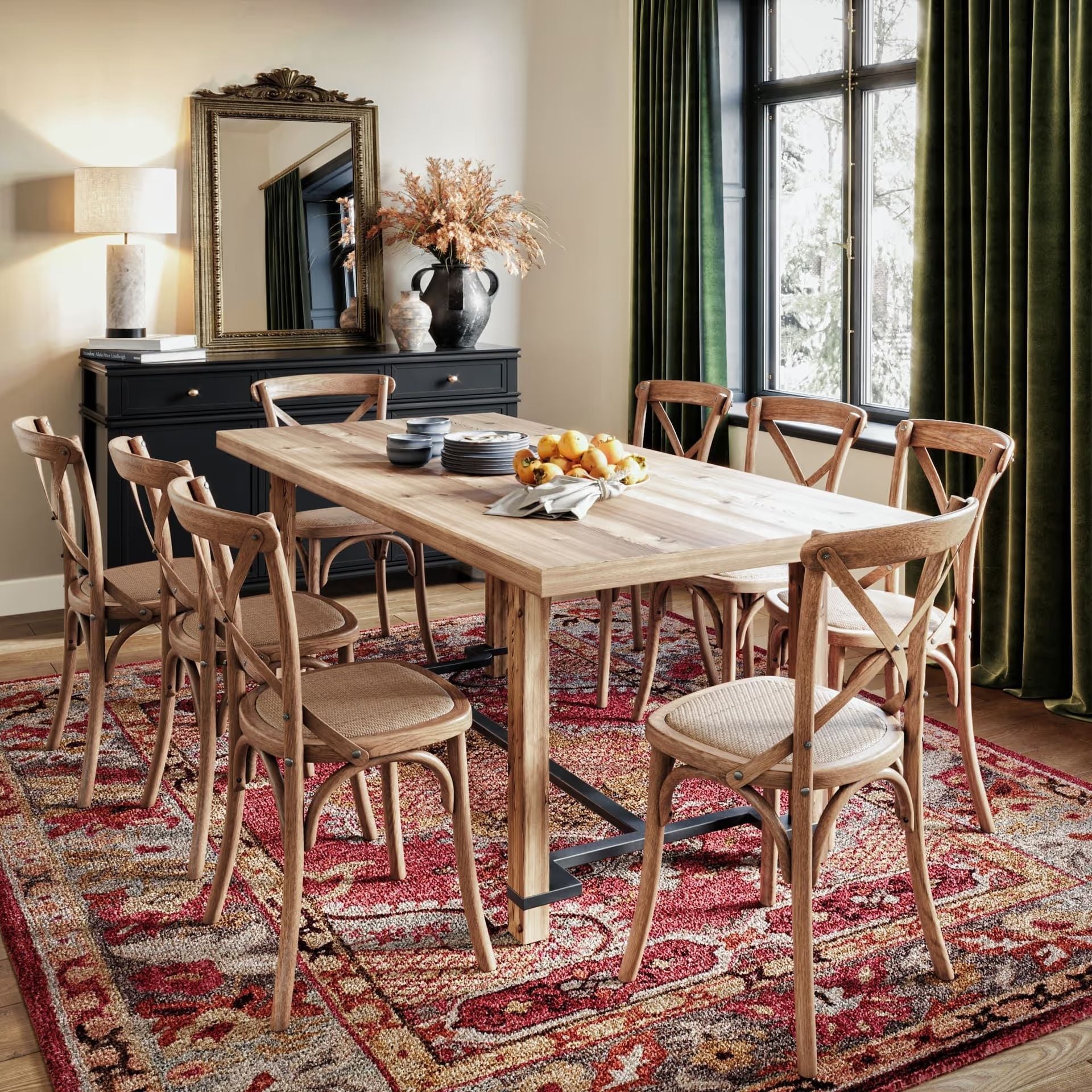 Product rendering of wooden dining chairs in a lifestyle interior scene around a table with natural daylight.