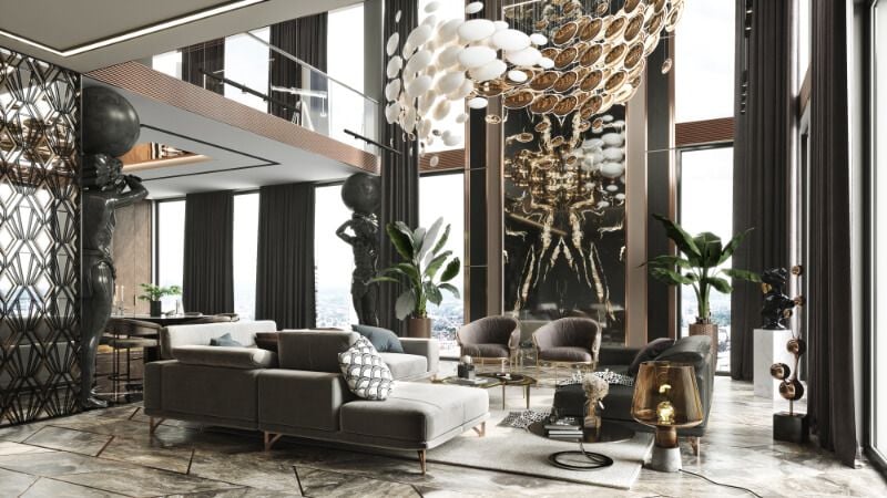 3D Render of a Luxury Mansion with High-End Furniture and Art Pieces