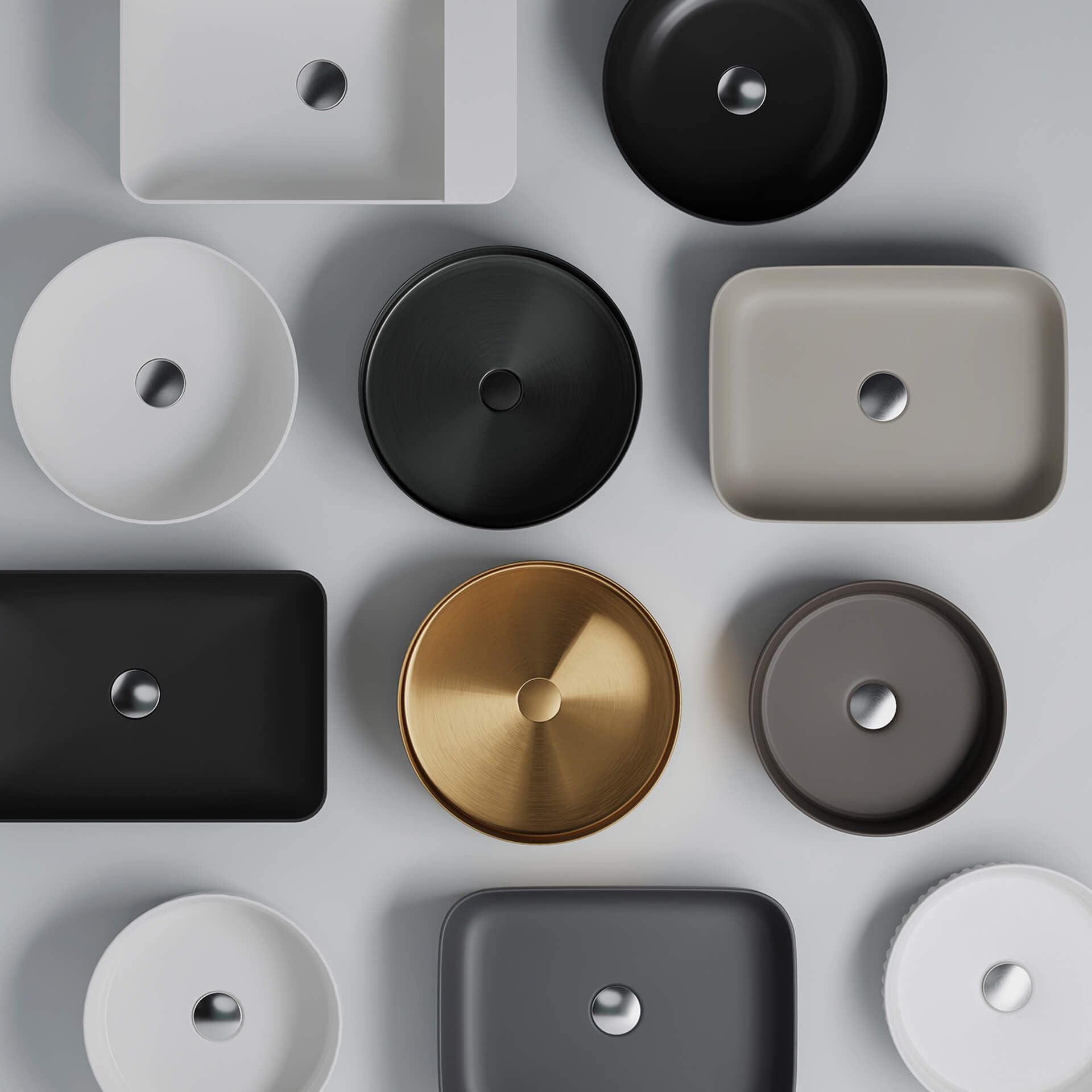 Top view of various stylish sink designs in a 3D product rendering, showcasing first-class visualization and photorealistic CGI.