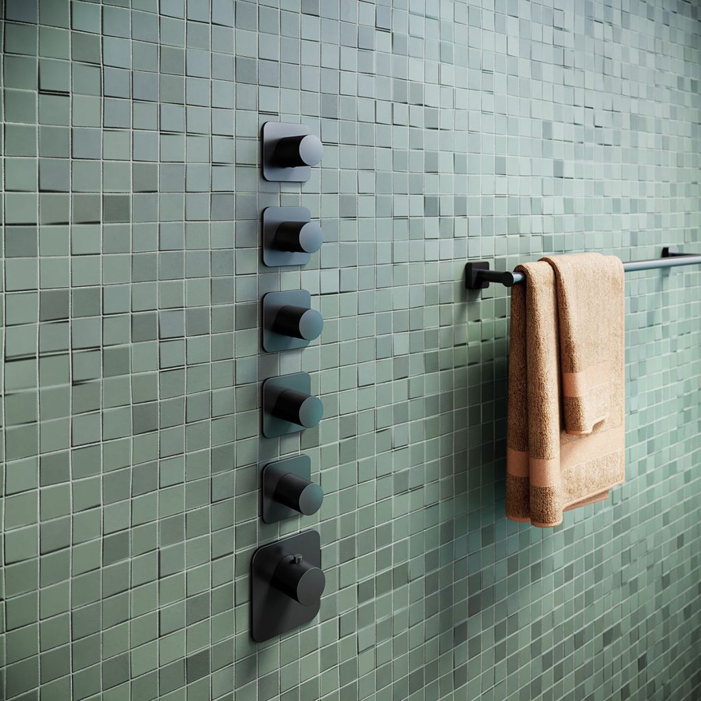 3D Bathroom Interior Visualization with Towel Rack and stylish Fixtures