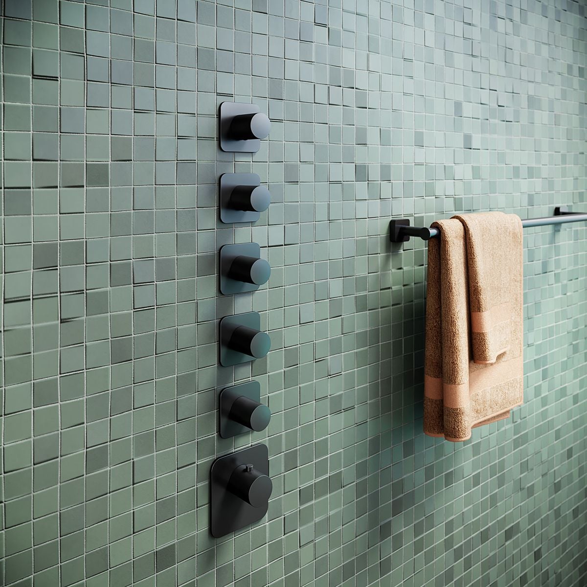 3D rendering of a bathroom interior featuring a towel rack and stylish fixtures, showcasing first-class 3D visualization and realistic rendering.