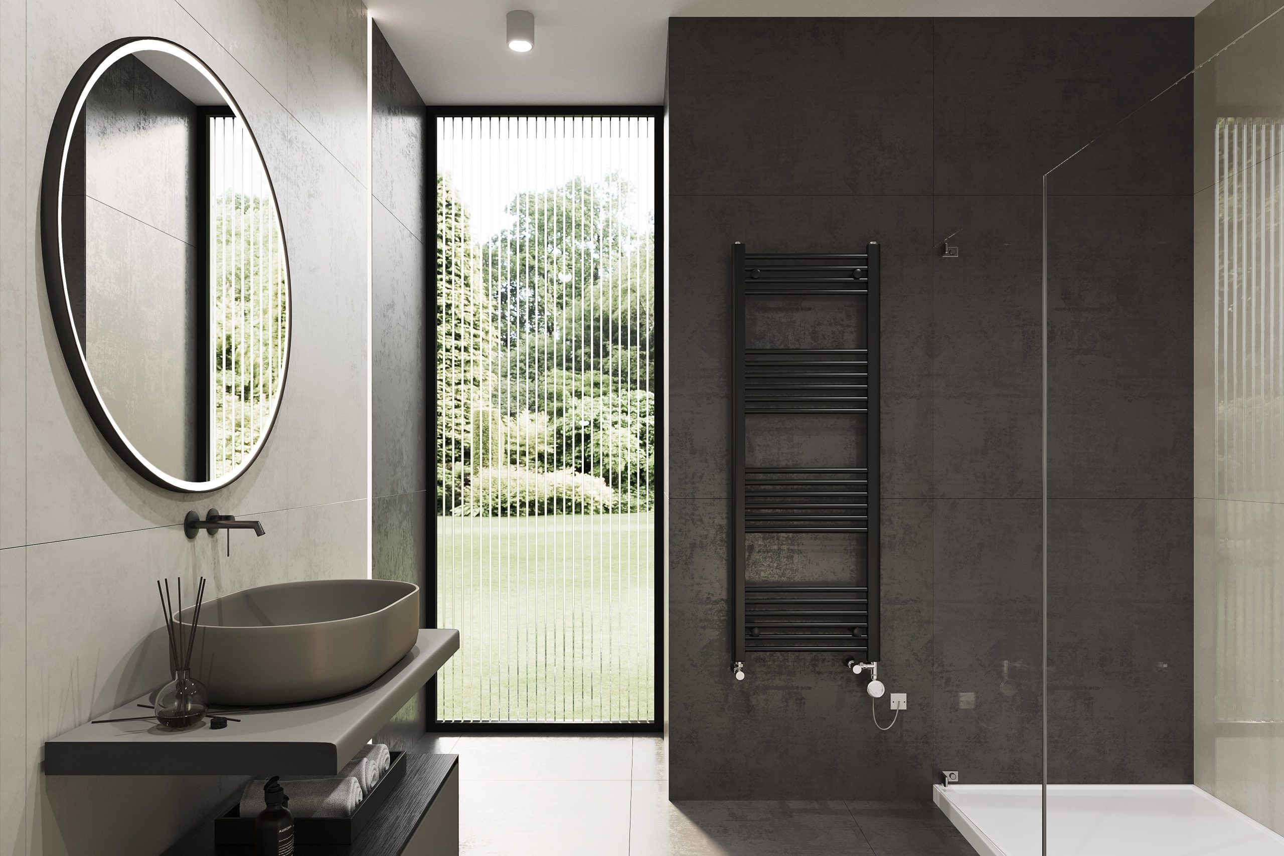 Wall-mounted Ladder Radiator in a Black Bathroom