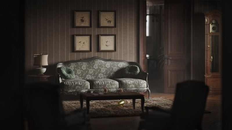 Dramatic rendering style — high-contrast 3D lifestyle scene with cinematic lighting and muted palette