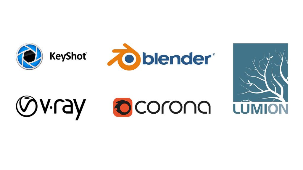 3D rendering tools overview — V-Ray, Corona, Blender, Lumion, KeyShot logos collage