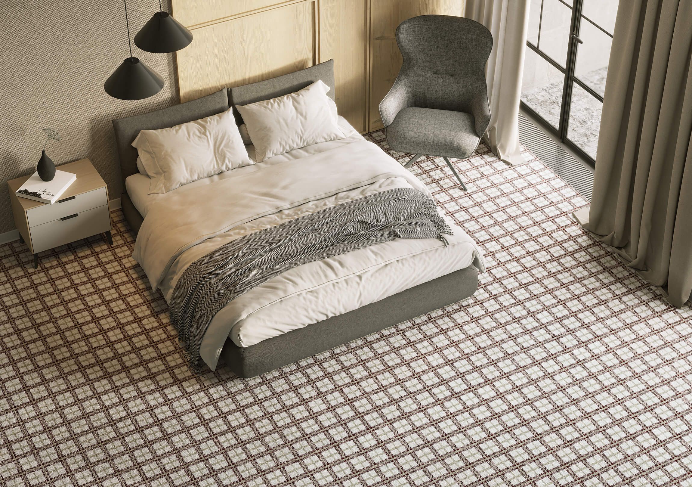 High-quality 3D rendering of a modern bedroom showcasing furniture modeling and interior visualization