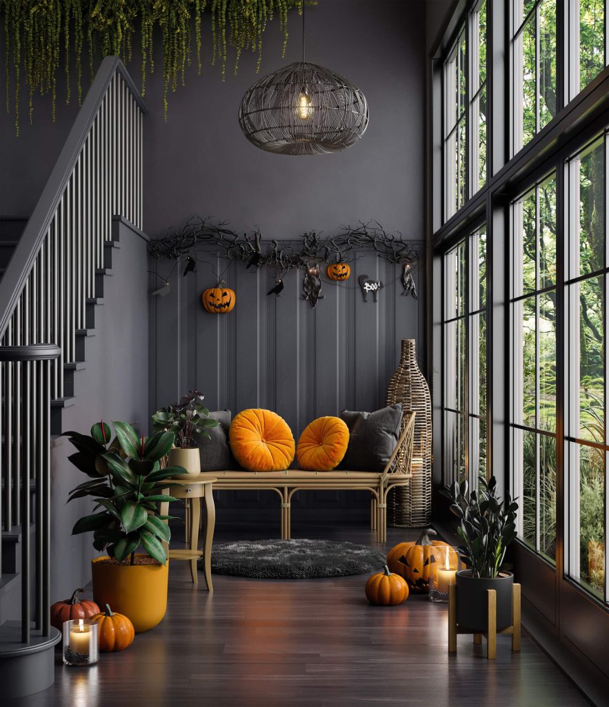 3D Interior Visualization of a Modern Living Space with Halloween Decor