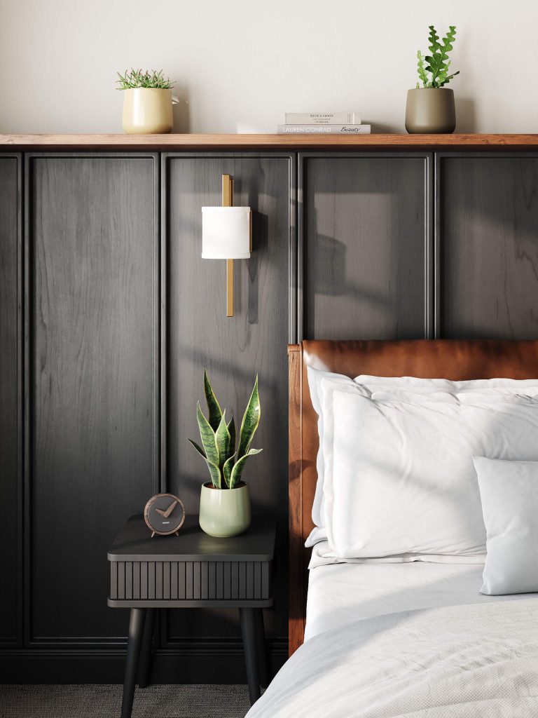 3D Interior Visualization of trendy Bedroom with fittings Rendering