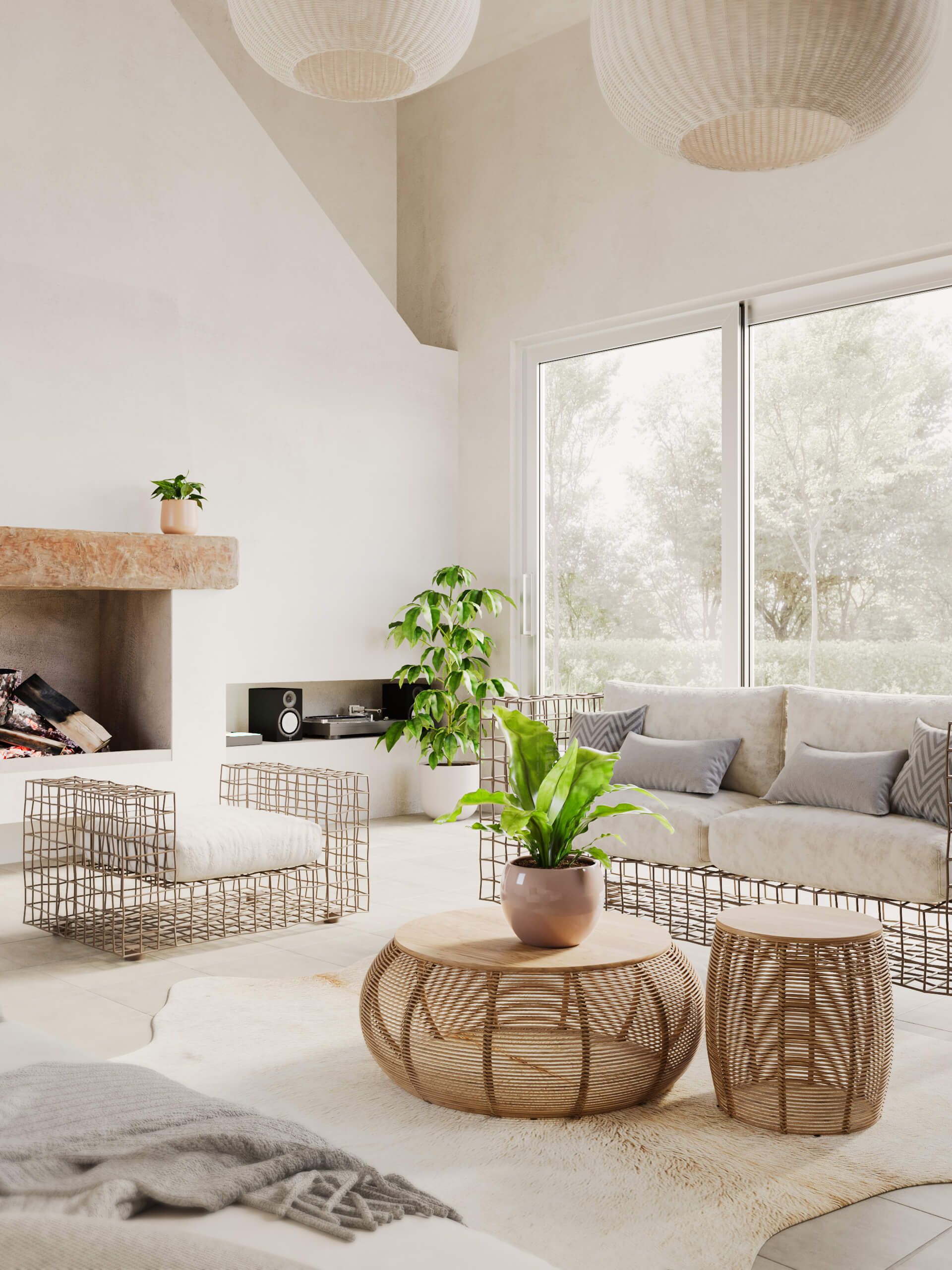 Realistic 3D rendering of a trendy living room with bespoke house fittings, showcasing photorealistic visualization and 3D modeling.