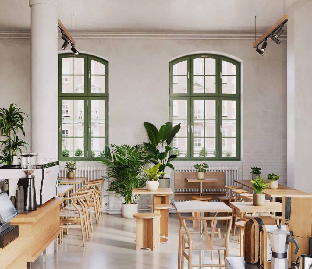 3D Interior Visualization of a trendy Cafe with Realistic fittings Rendering