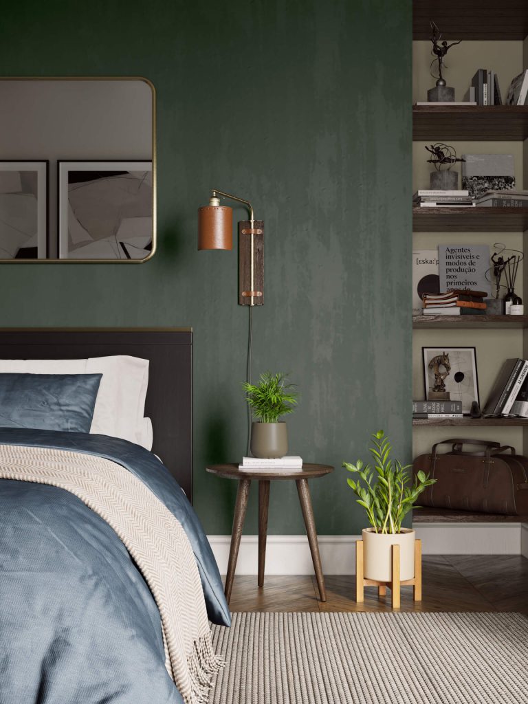 3D Interior Visualization of trendy Bedroom with fittings Rendering