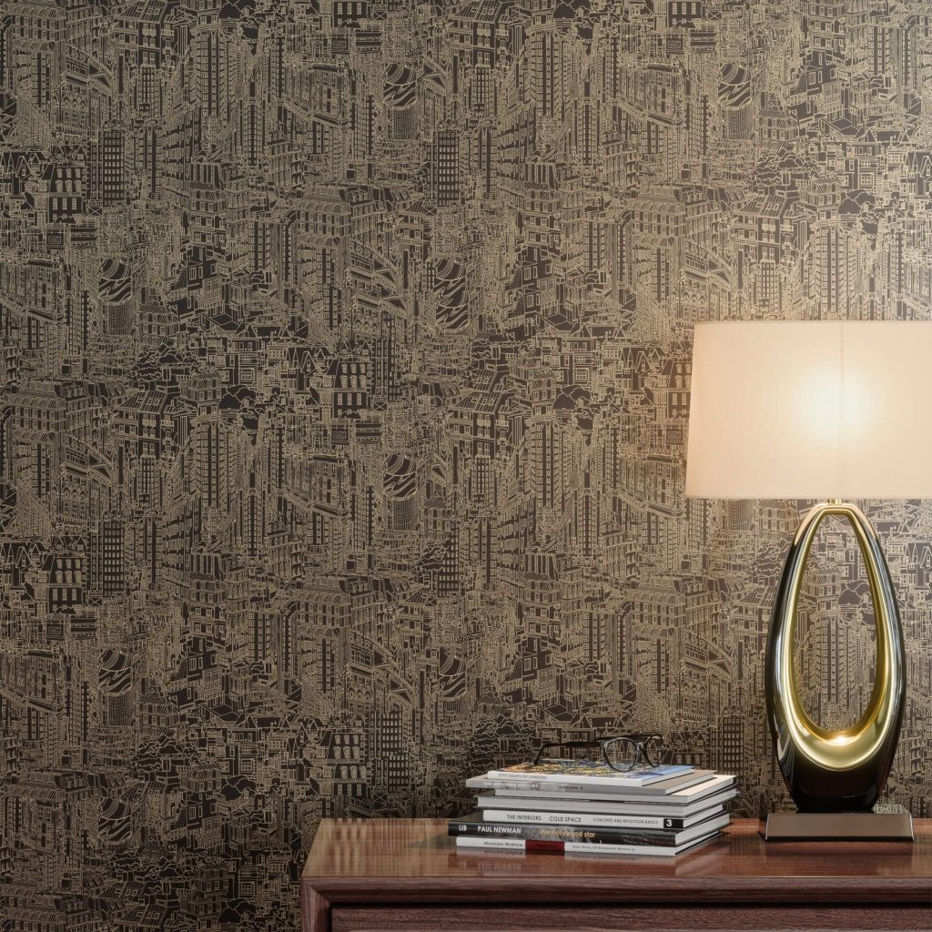 3D Interior Visualization with Modern Lamp and Textured Wallpaper