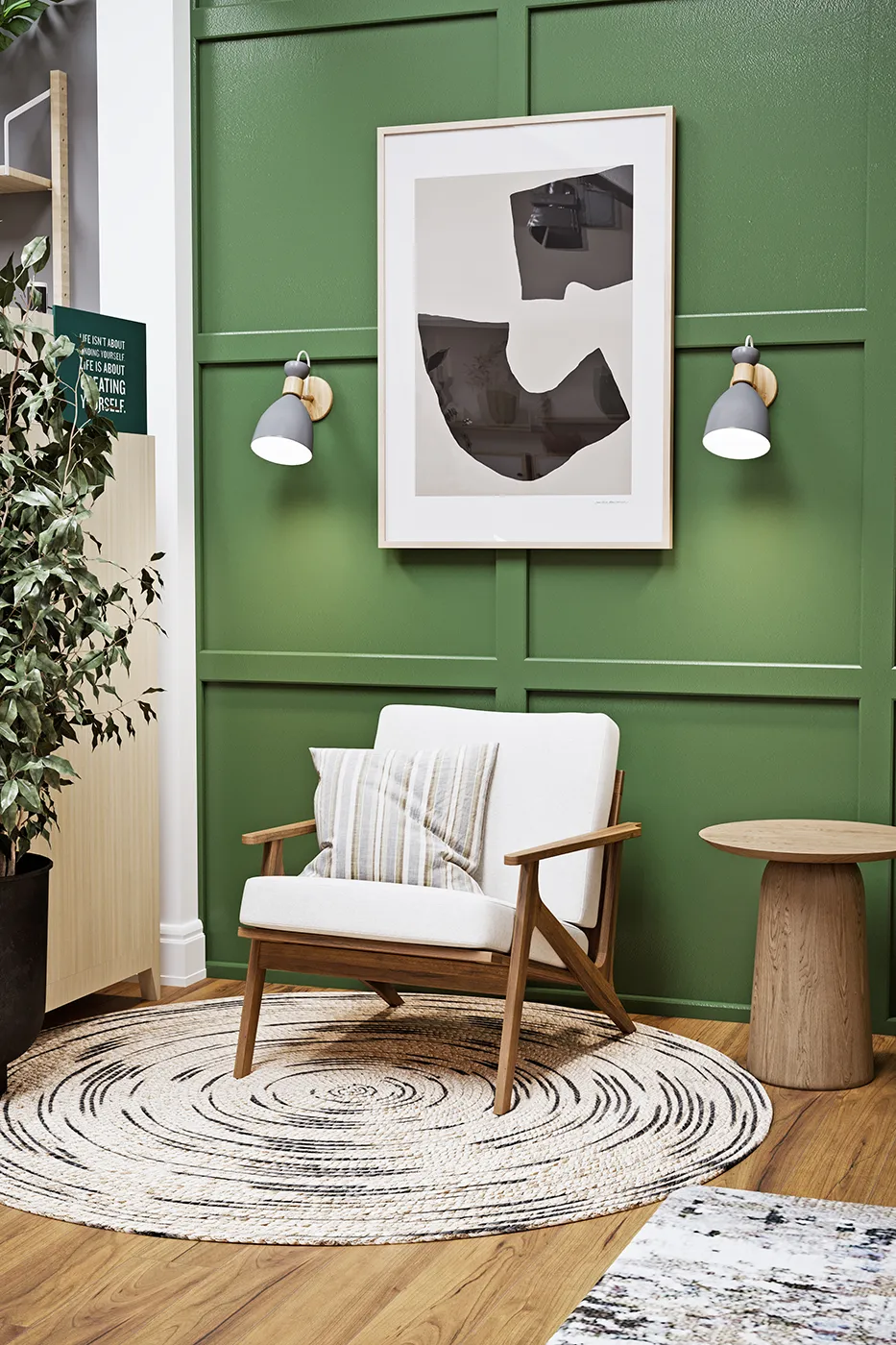 Lifestyle Rendering of a Wood and Cushion Chair