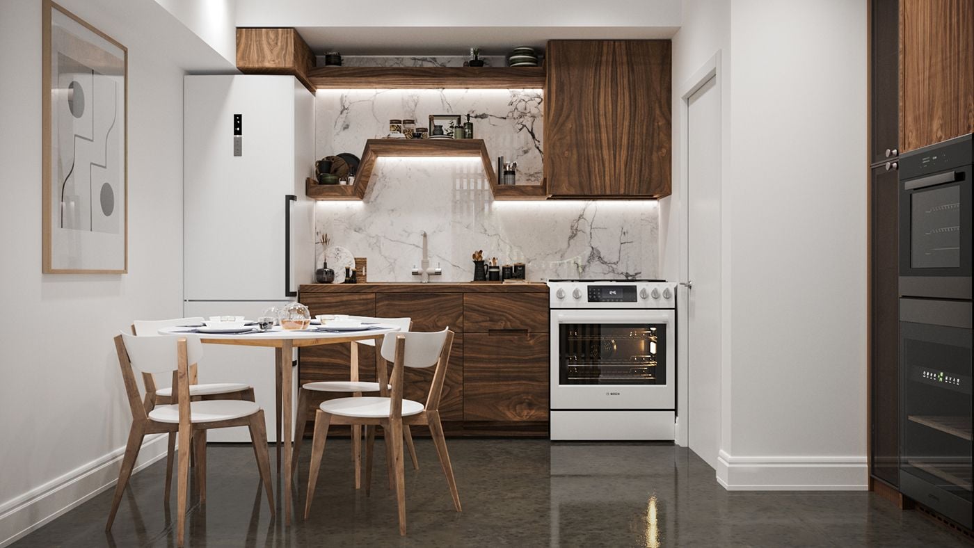 Lifestyle Rendering of a Kitchen Zone in a Furniture Store