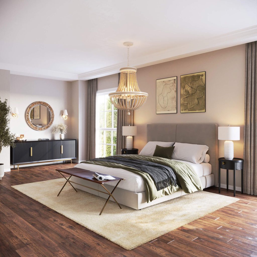3D Interior Visualization of a trendy Bedroom with high-end fittings Rendering