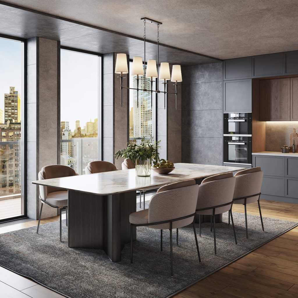 3D Interior Visualization of trendy Dining Room with Realistic fittings Rendering