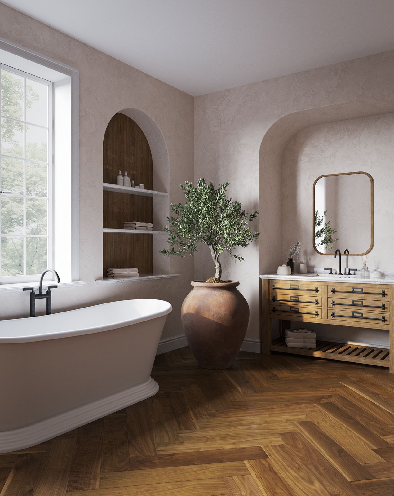 Lifestyle 3D Visualization of Walnut Herringbone Floor