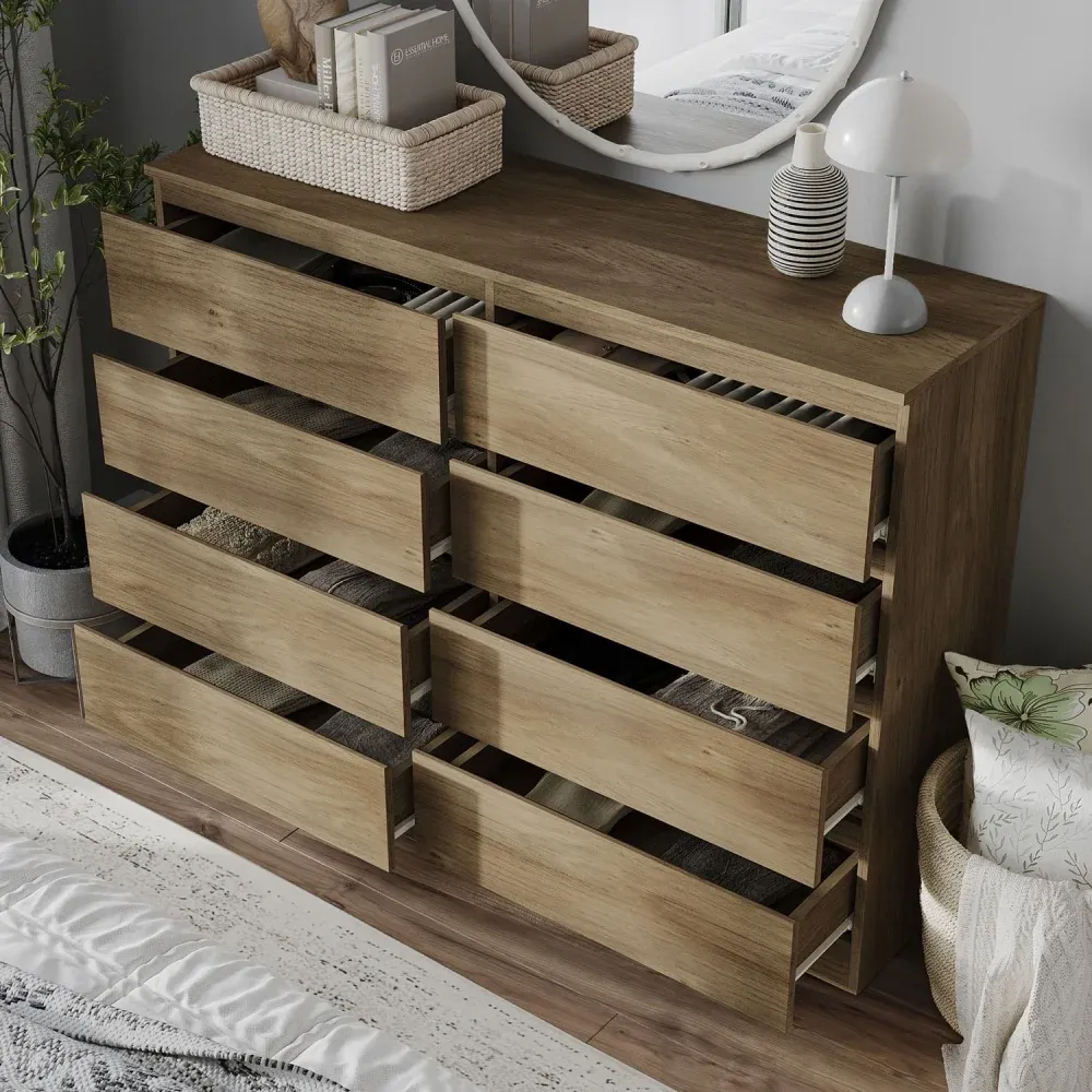 3D visualization of a wooden dresser with multiple drawers open, revealing neatly folded clothes inside