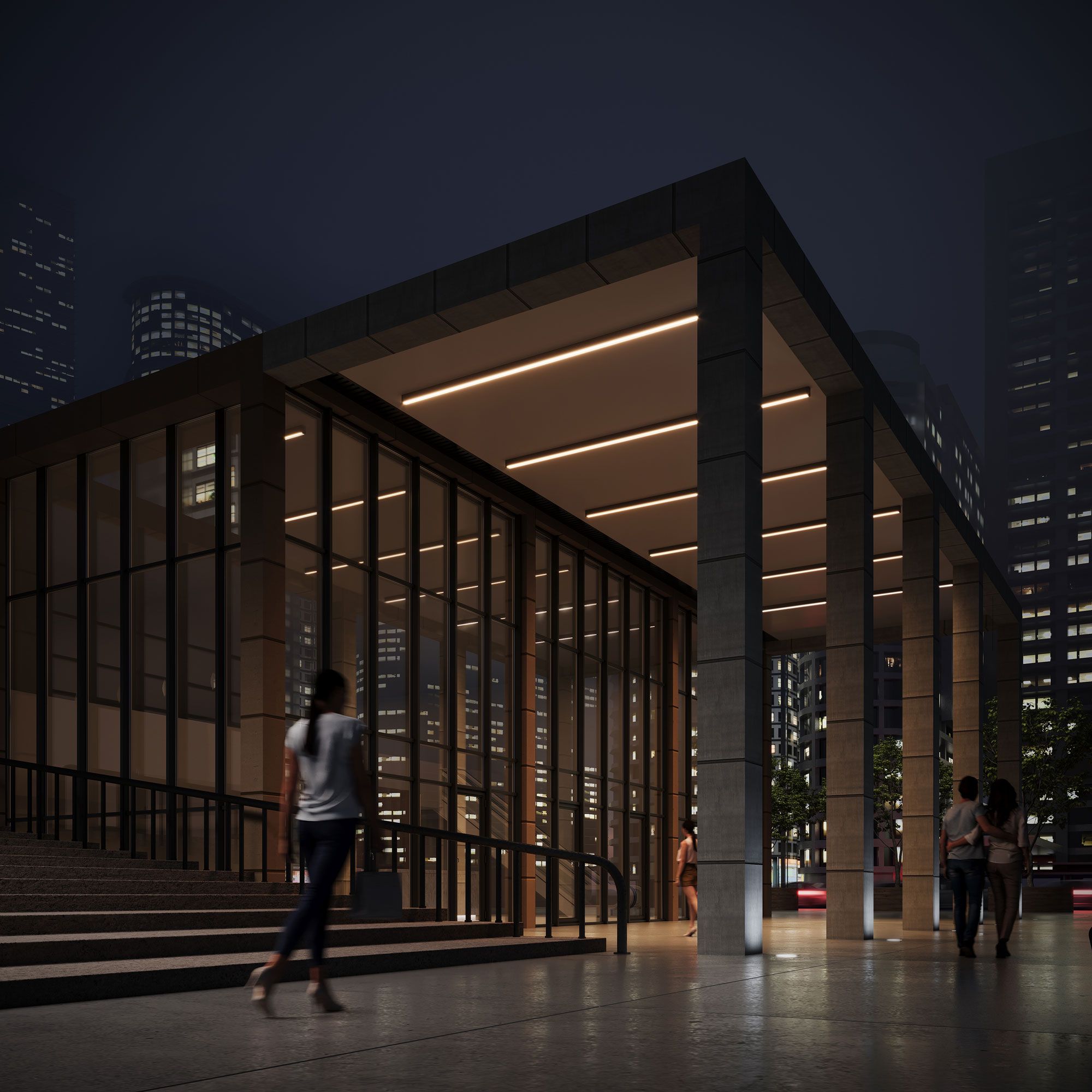 LED Lighting 3D Rendering for a Night Entrance Colonnade