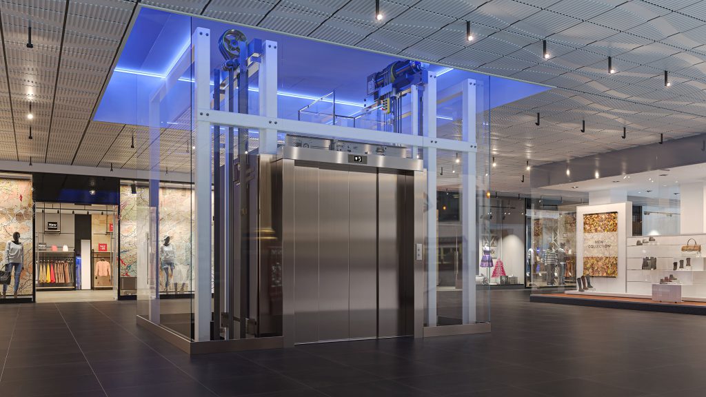 3D Interior Visualization of Modern Retail Space with Elevator