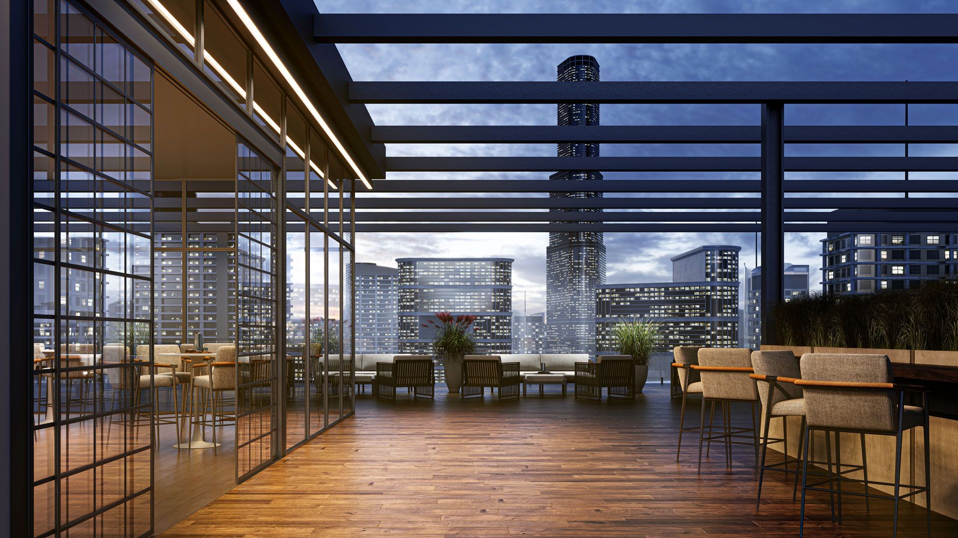 A rooftop terrace with linear perimeter fixtures shown in an architectural lighting render