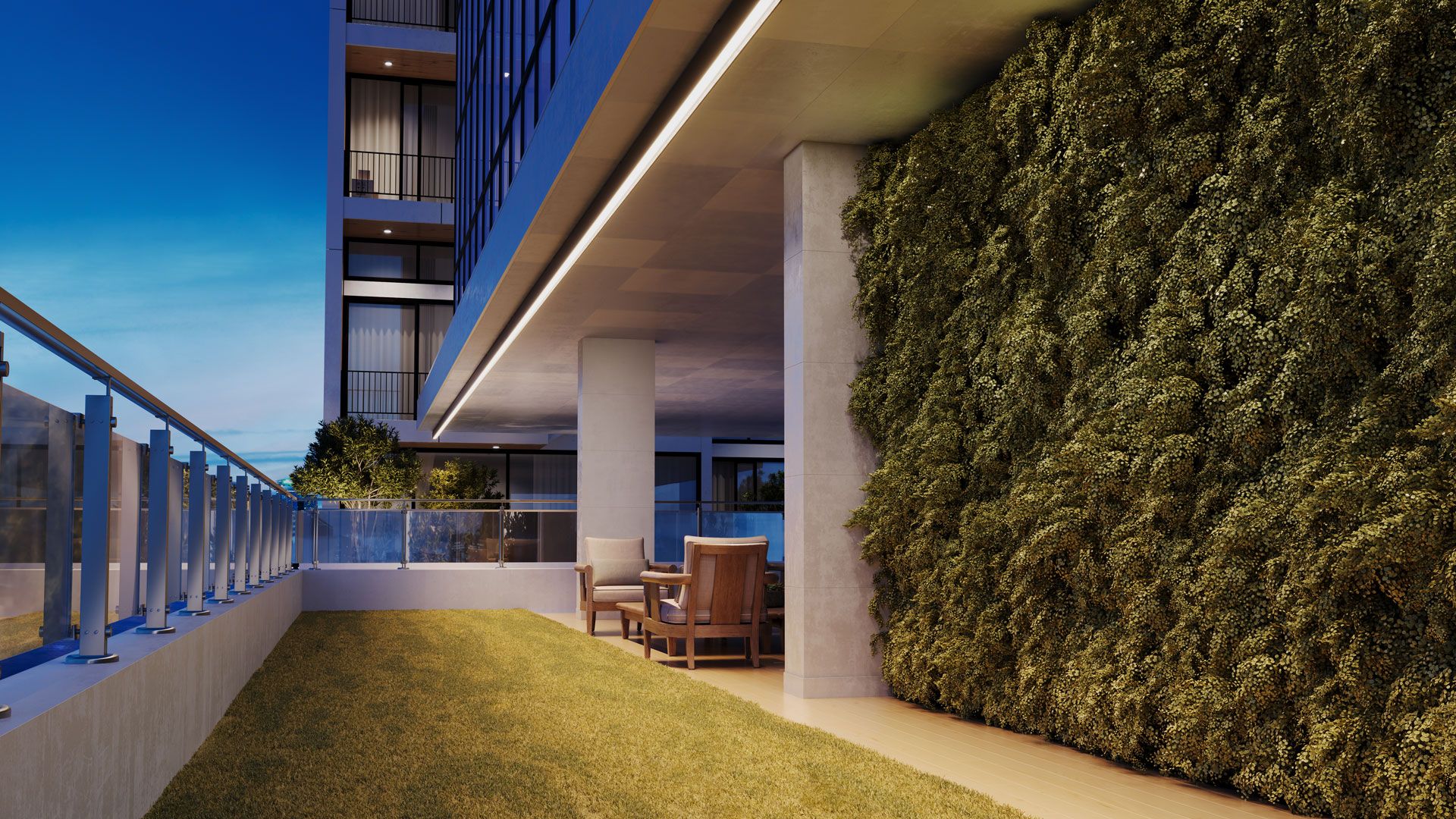 A terrace with a long ceiling strip above greenery shown in a lifestyle product rendering