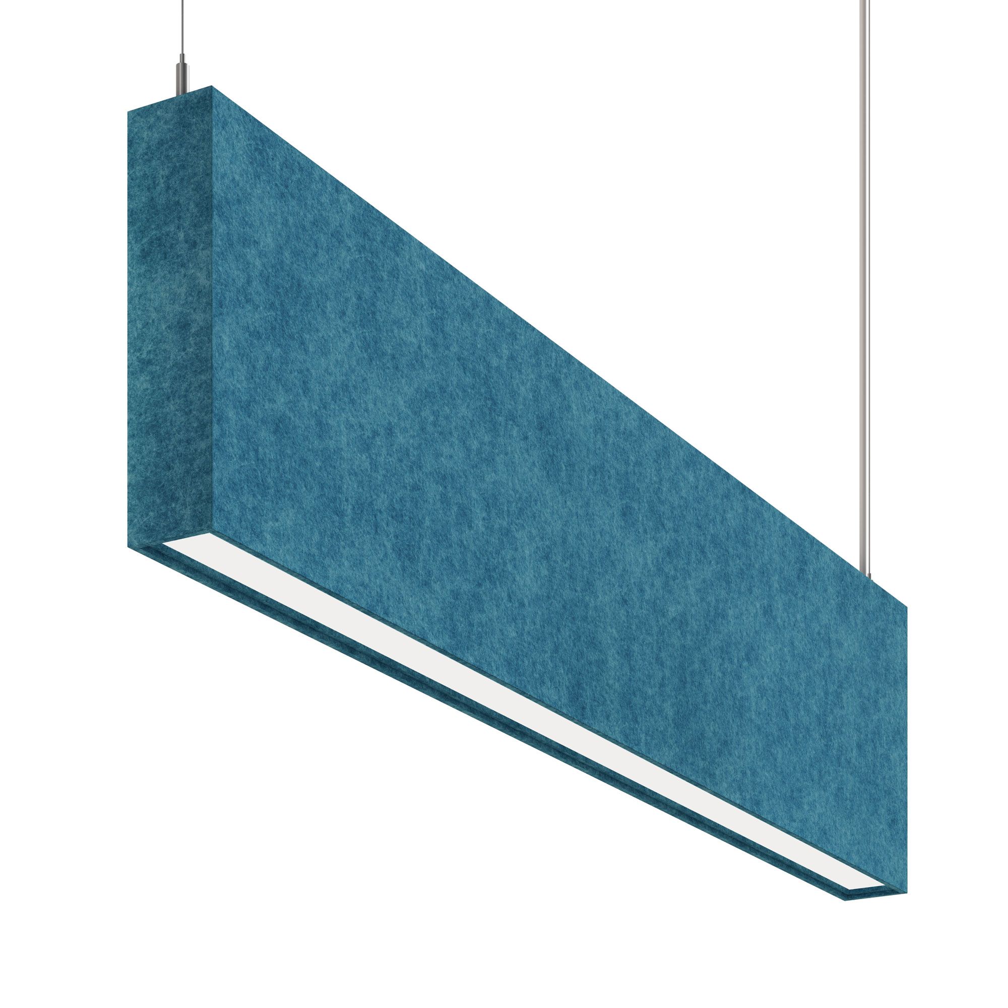 A blue felt linear lighting fixture with a clean LED slot viewed from an angle in a photorealistic product render