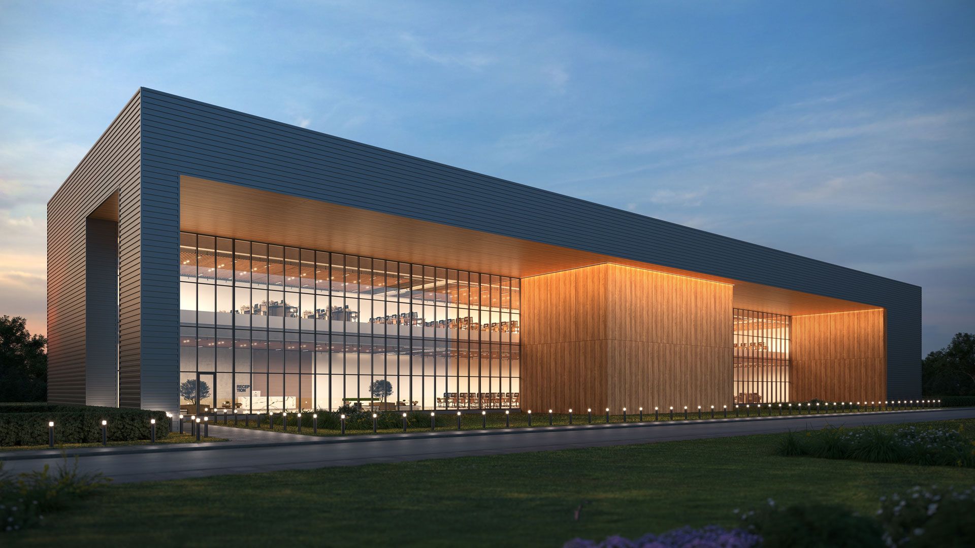 A contemporary building with warm exterior accents shown in an architectural lighting render