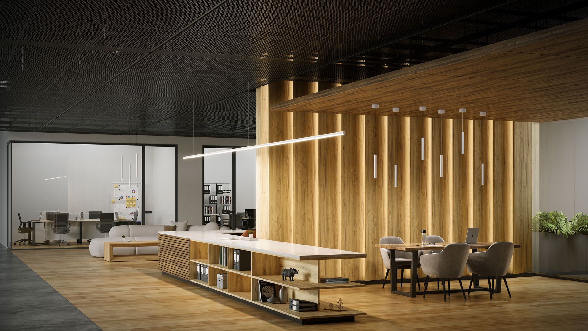 An office lounge with linear pendants and warm wood accents shown in an architectural lighting render