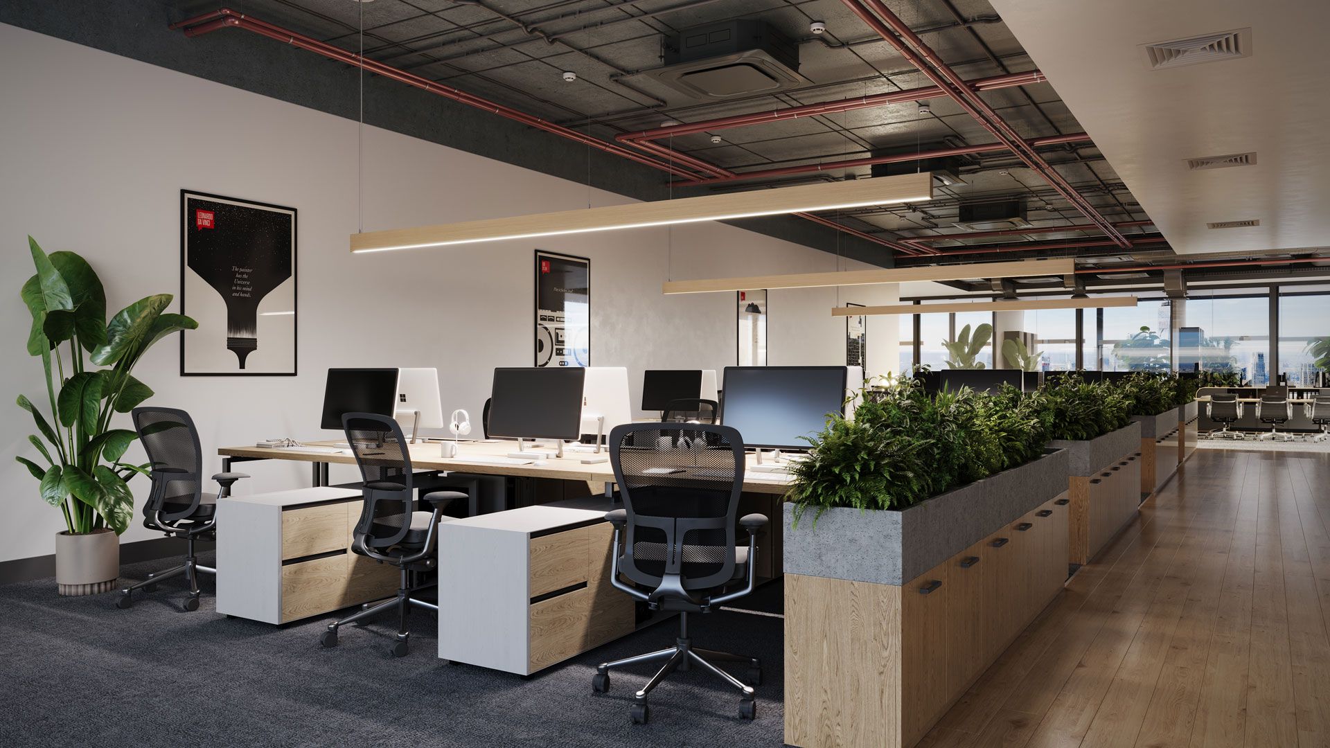 An open office with suspended linear fixtures and green dividers shown in a lifestyle product rendering