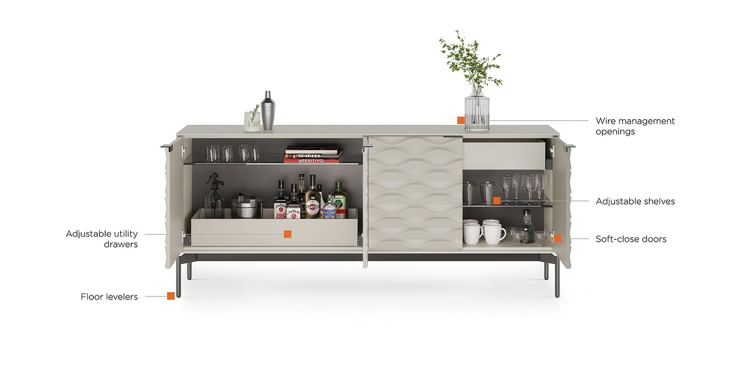 Sideboard cutaway with labeled shelves, drawers, soft close doors, and wire openings in product feature rendering