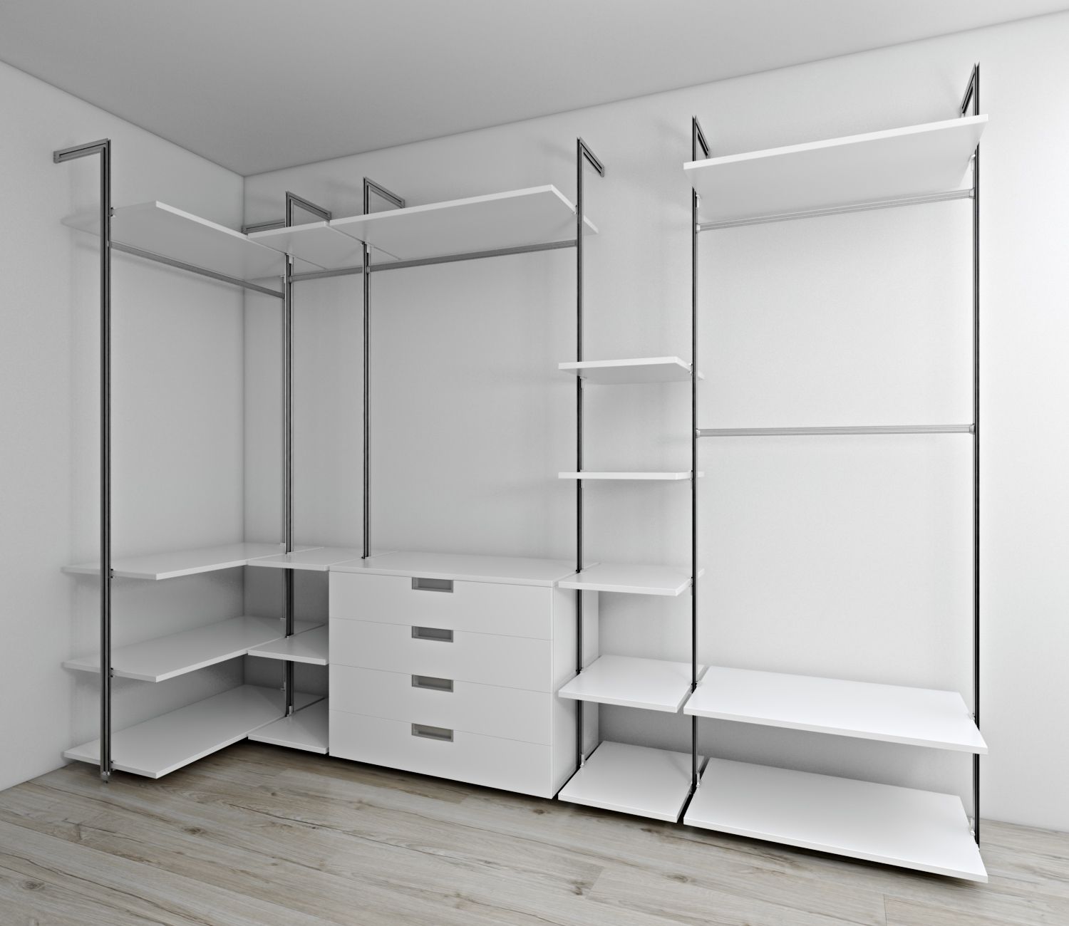 Photorealistic rendering before-after — wardrobe open shelving