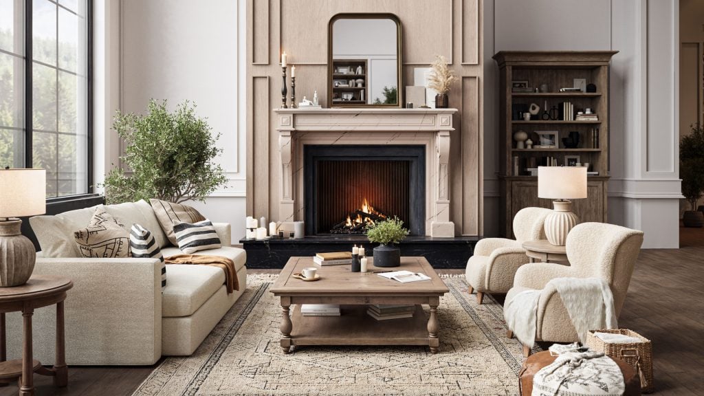 3D Interior Visualization of a Cozy Living Room with Fireplace