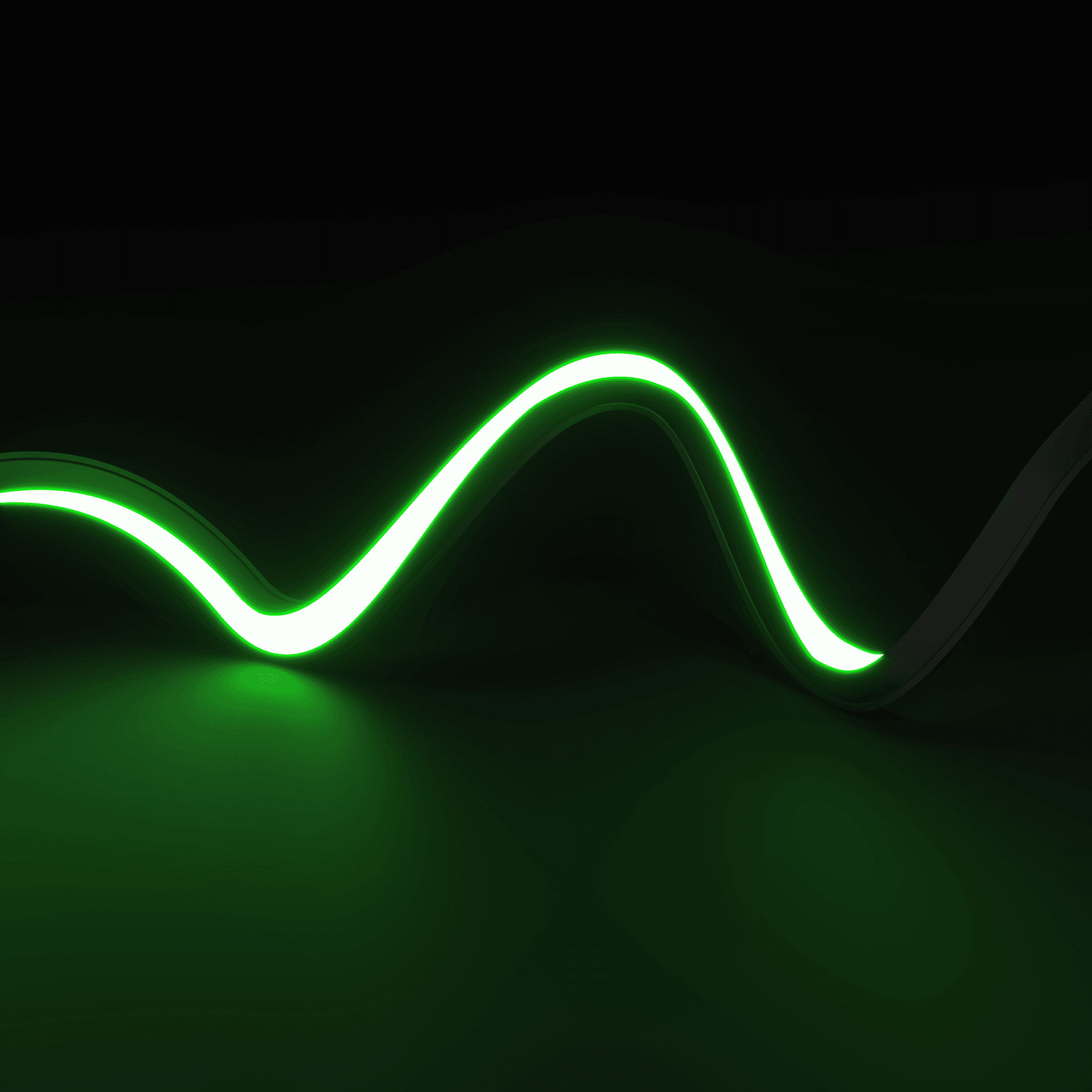 3D rendering for lighting showing a green flexible light line with an undulating form