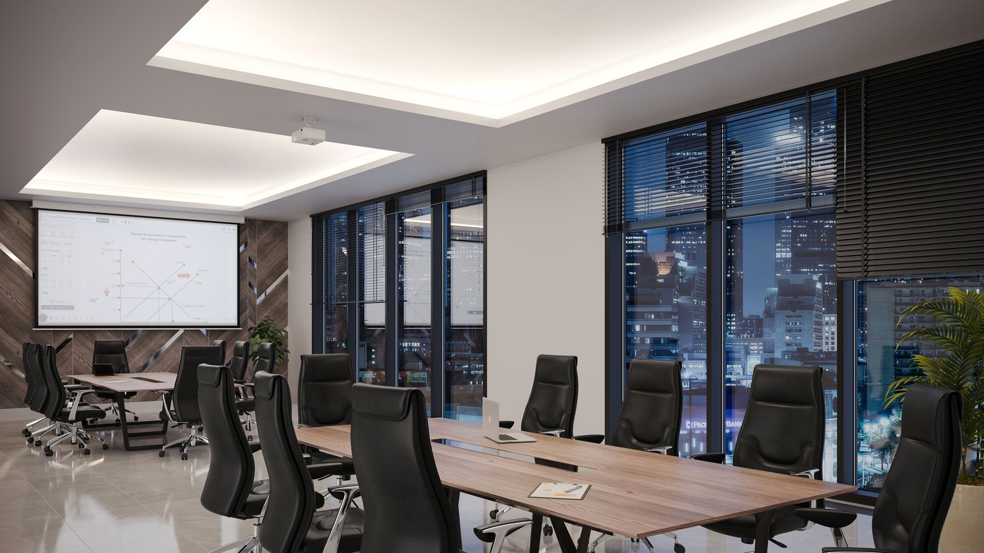 A boardroom with cove illumination and city views shown in a lifestyle product rendering