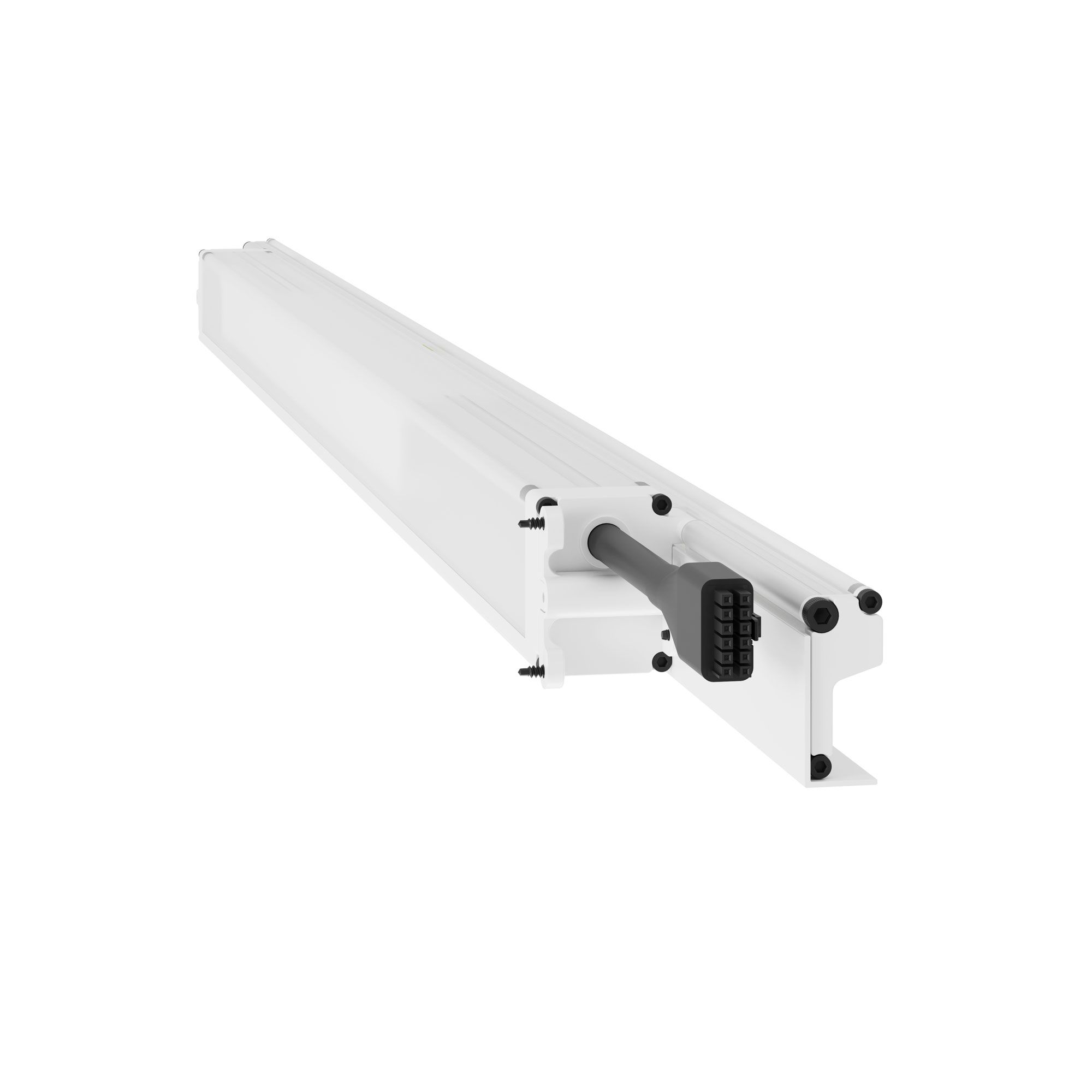 An industrial LED linear fixture shown in a straight side view 3D rendering for lighting products