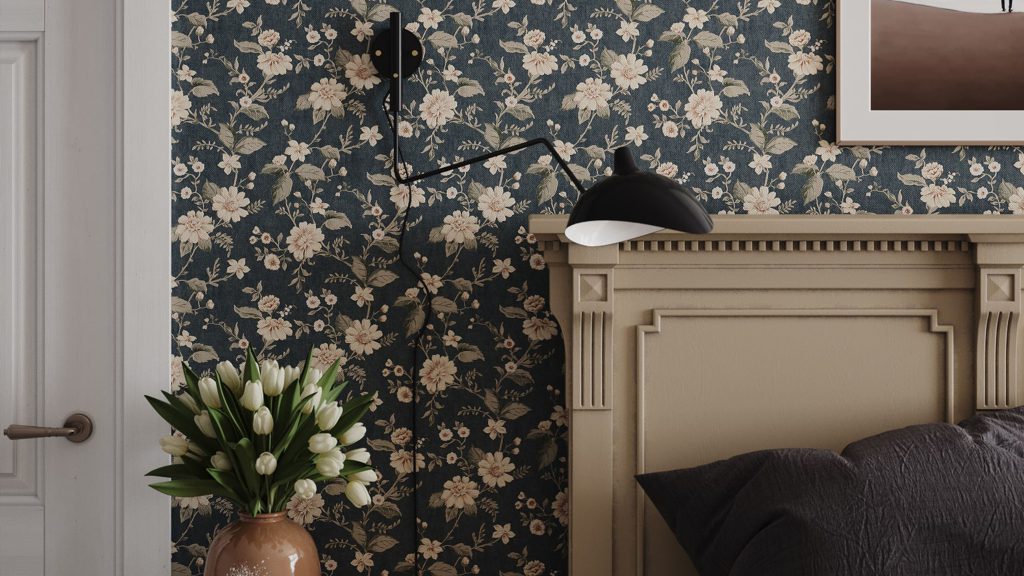 3D Interior Visualization of Bedroom with Floral Wallpaper