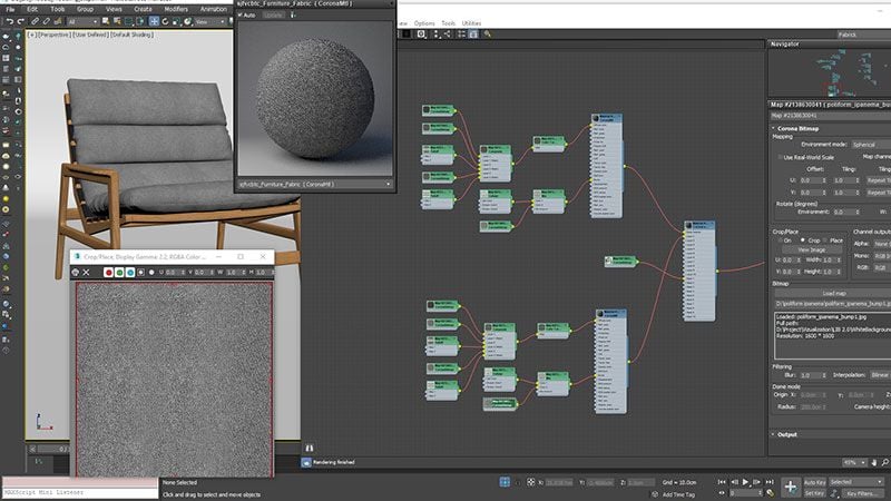 AR 3D model texturing process — screenshot of applying materials to chair in 3D software