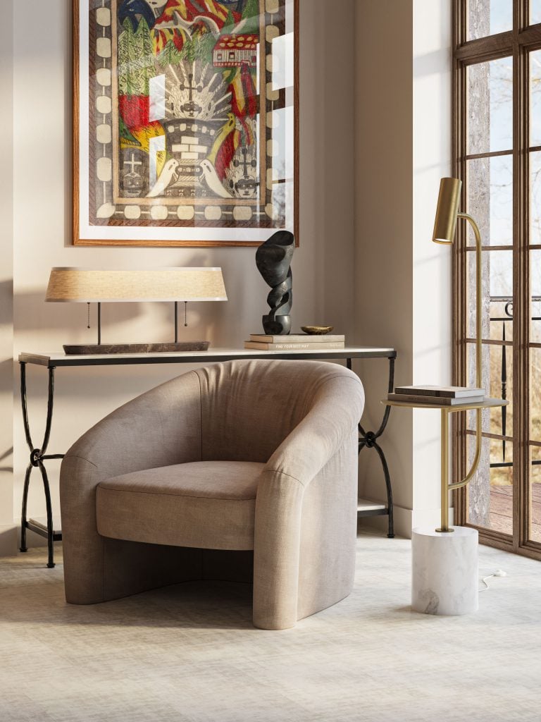 CGI of an Armchair, Console Table, Lighting, and Decor in a Living Room