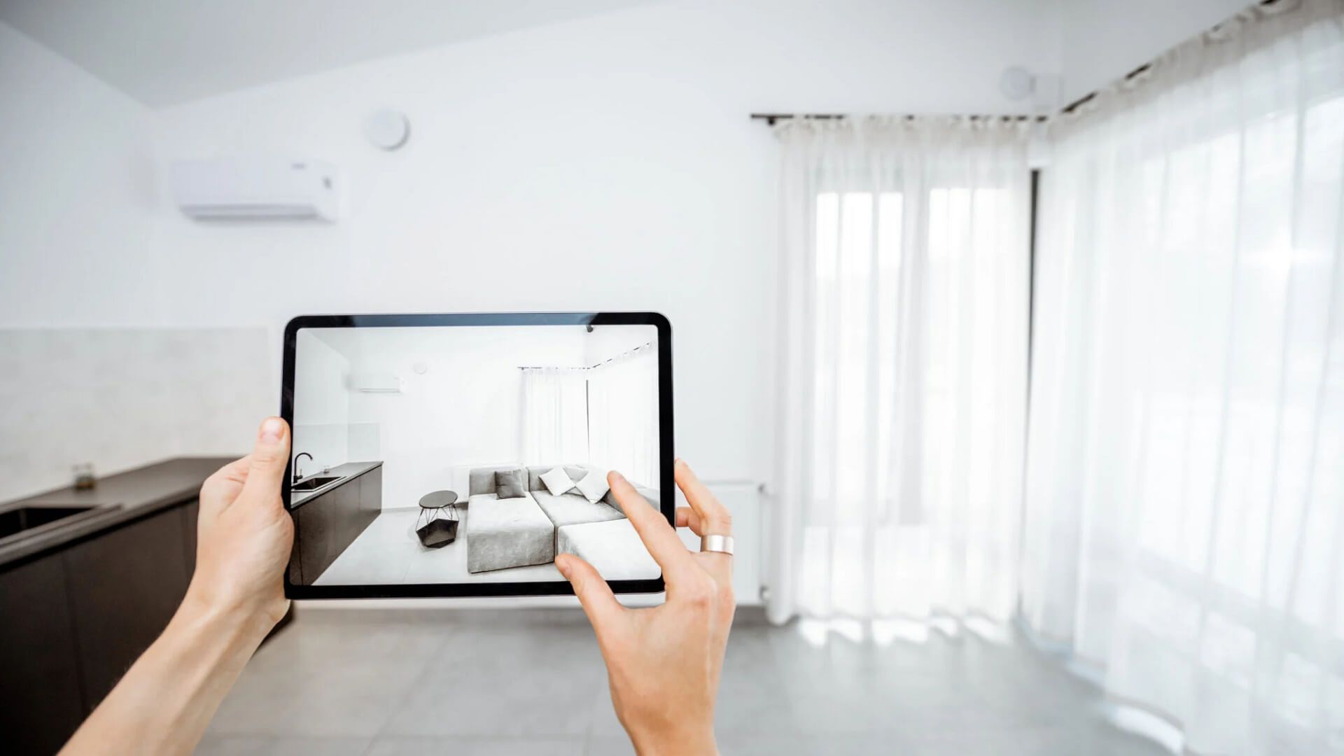 Augmented reality in furniture industry: customer placing virtual sofa in living room using smartphone