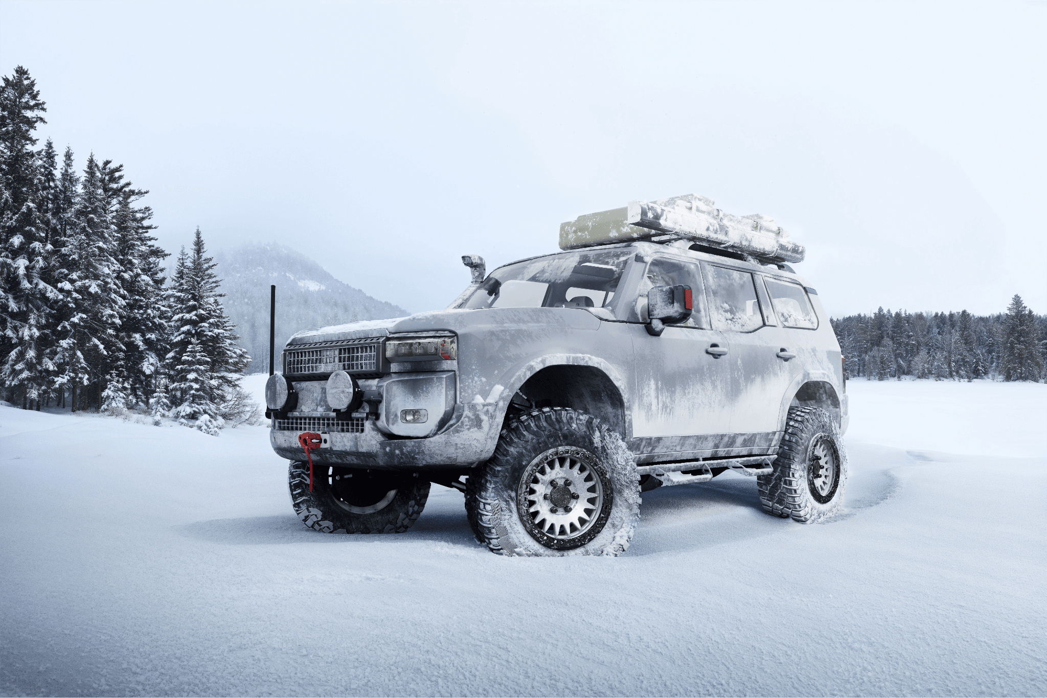 WheelTech GP wheel on a SUV in a snowy landscape — winter lifestyle rendering