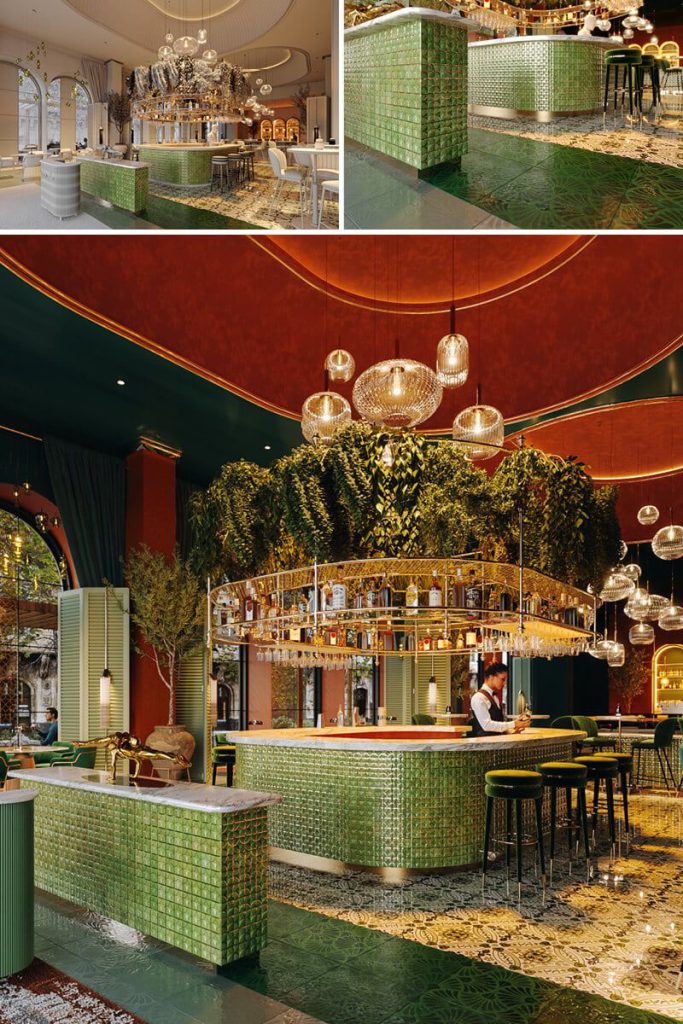 3D Interior Visualization of a Modern Bar with Green Accents