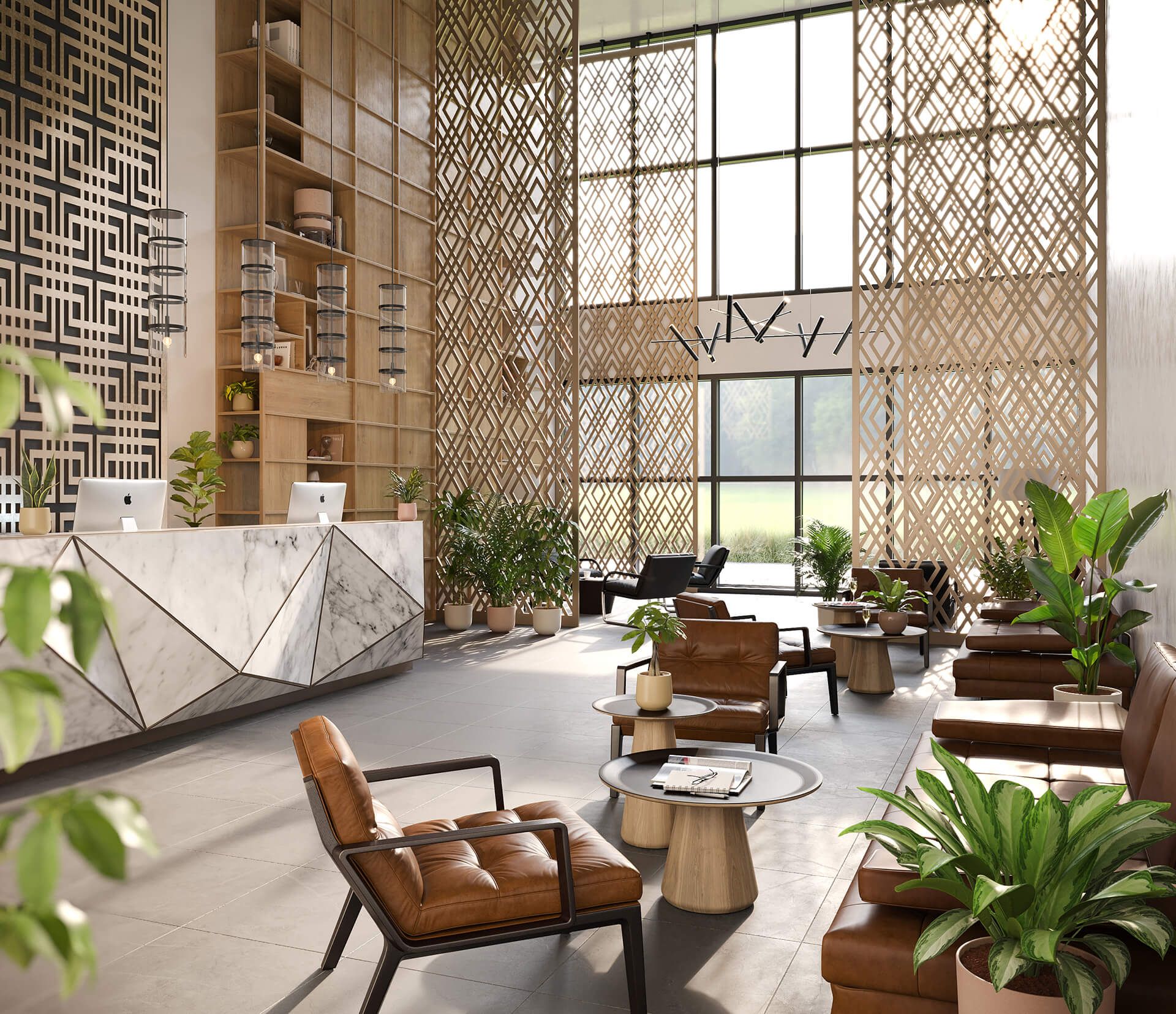 Demonstration of 3D Modelling with a rendered image of a modern office space