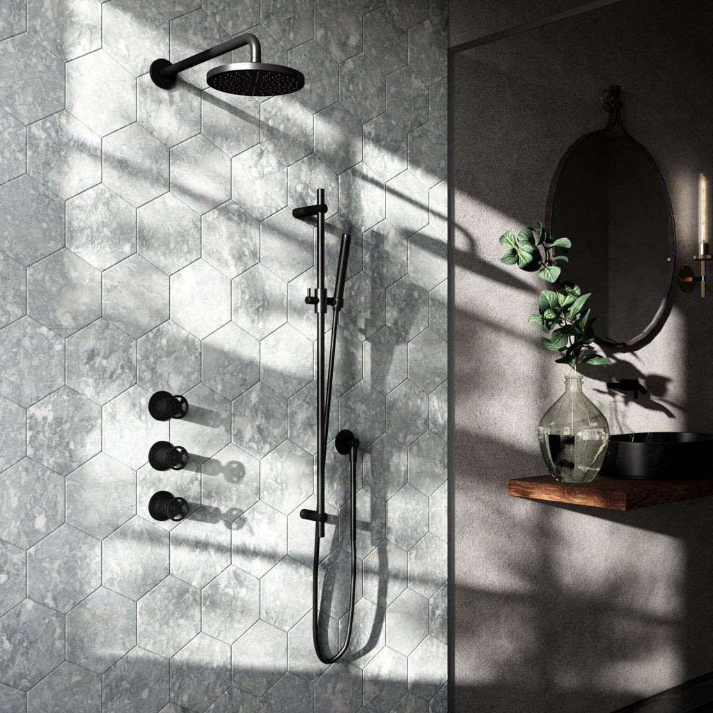 Photorealistic 3D Bathroom Interior Rendering with Hexagonal Tiles